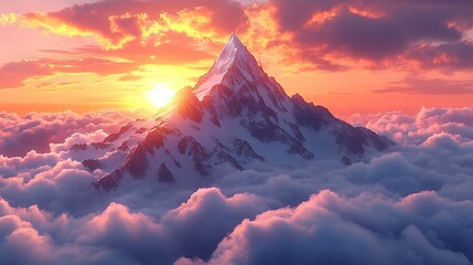 A majestic mountain peak emerging from the clouds at sunset, symbolizing achievement and serenity