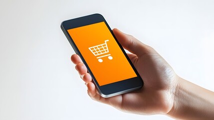 Hand Holding Smartphone with Online Shopping App on Minimal White Background