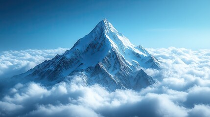 A majestic mountain peak emerging from the clouds, symbolizing achievement and serenity, with a vibrant blue sky