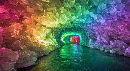 Magical Crystal Cave Tunnel with Rainbow Illuminated Water and Gemstones
