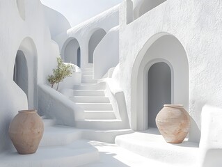 Serene Cycladic Architecture with Curved White Walls and Narrow Alleyways on Clean Backdrop
