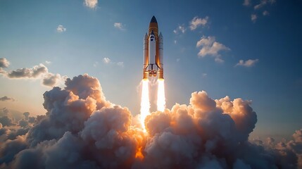 Miniature Space Shuttle Launching from Laptop, A miniature space shuttle launching from a laptop keyboard, surrounded by smoke and sparks