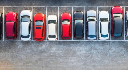 Aerial view of a parking lot showcasing various cars, predominantly in shades of red, white, and black, neatly arranged in designated spaces.