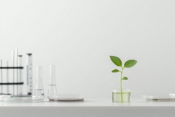 Fototapeta premium single green seedling sprouting amidst petri dishes and scientific instruments on laboratory bench illustrates greenhouse-based