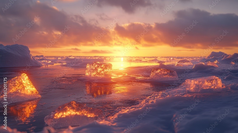 Poster a beautiful scene of ice cubes on the frozen arctic coastline at sunset, with the warm light reflect