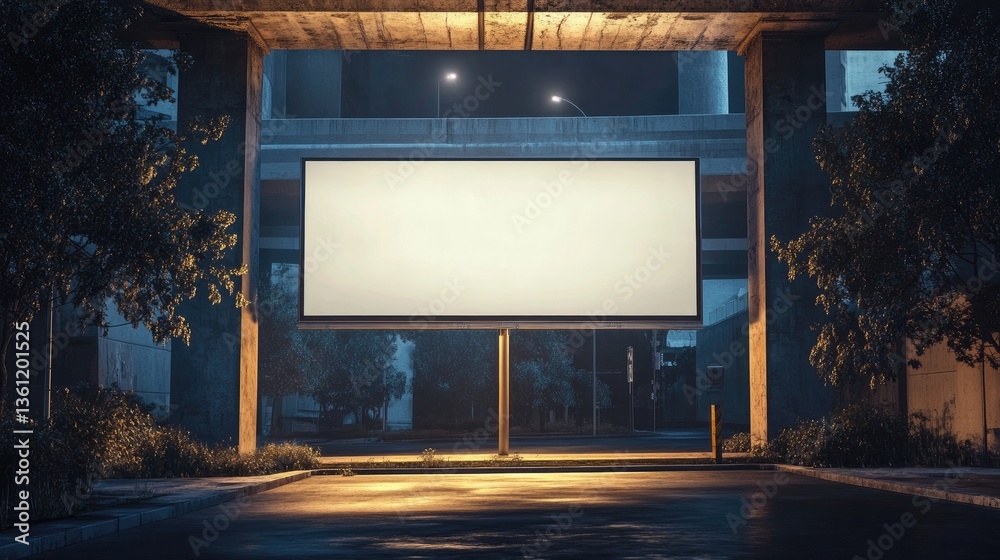Poster a blank billboard in a dimly lit underpass, creating a moody and urban scene ideal for showcasing ad