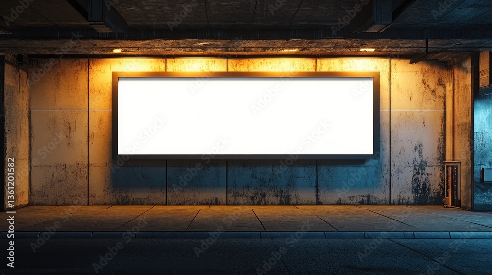 Poster a blank billboard in a dimly lit underpass, creating a moody and urban scene ideal for showcasing ad