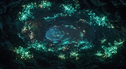 Fototapeta premium Luminous Crystal Cave Glowing Gems in Dark Rock Tunnel Fantasy Background