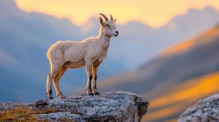 Young mountain goat standing on a rock at sunrise in the mountains.