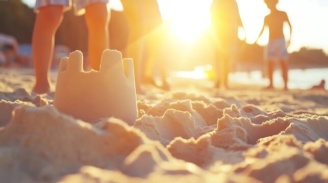 Children building sandcastle beach sunset