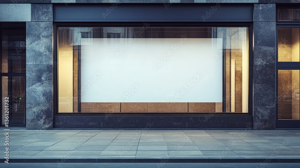 Poster a blank storefront sign with a simple, clean shop window, perfect for showcasing various types of sh