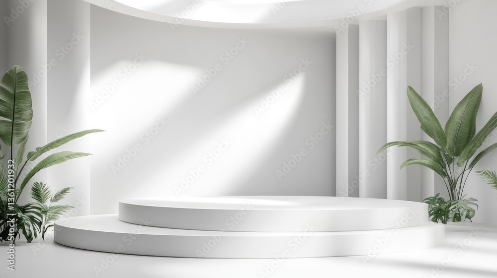 Aufkleber a blank white podium illuminated by natural light streaming through a futuristic skylight, offering 