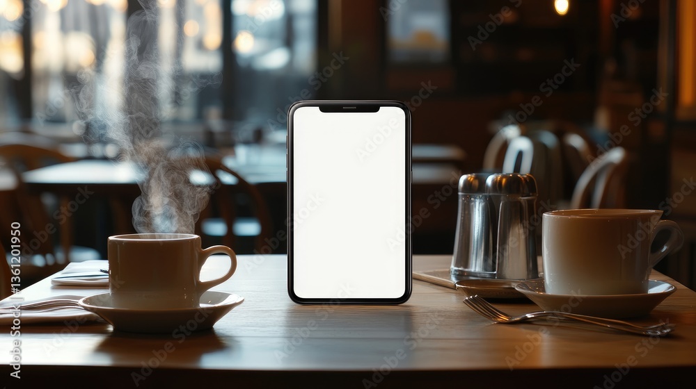 Poster A blank-screen smartphone on a cafe table with steaming coffee cups and cutlery, evoking a modern and stylish environment for digital concepts