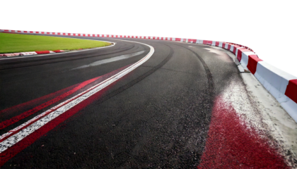 close up view of a race track corner showcasing tire marks and red and white striped curb isolated on transparent white background. 
