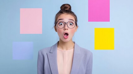 Woman with shocked expression stands before colorful sticky notes
