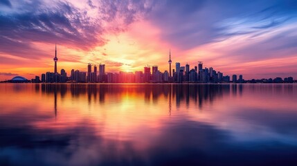 Naklejka premium A breathtaking sunset view with a city skyline reflected in the serene waters below, highlighting the beauty of urban landscapes at dusk