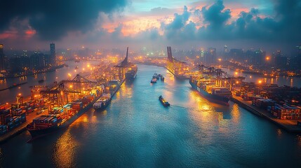 Fototapeta premium A night cargo port with cranes and container ships bustles with activity as goods are loaded and unloaded