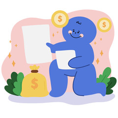 Cute Blue Character in Financial Investment - Cartoon Money Illustration