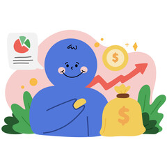 Cute Blue Character in Financial Investment - Cartoon Money Illustration