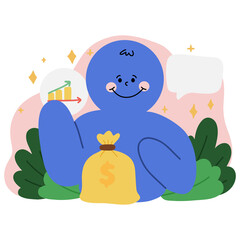 Cute Blue Character in Financial Investment - Cartoon Money Illustration