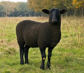 Black Sheep Standing Calmly in a Green Meadow, Countryside Setting