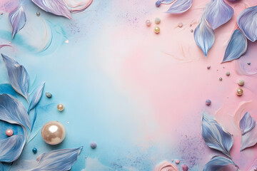 Pastel blue and pink background with decorative petals, pearls, and sprinkles arranged as a soft flatlay frame for beauty or wedding designs.