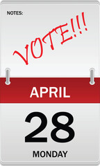 Vector. Canadian federal election. April 28 daily flip calendar icon with VOTE message. Canadian election day.