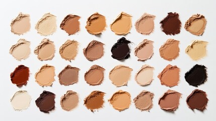 A clean white background with a variety of foundation swatches, showcasing a diverse range of shades for all skin tones, perfect for beauty and makeup concepts