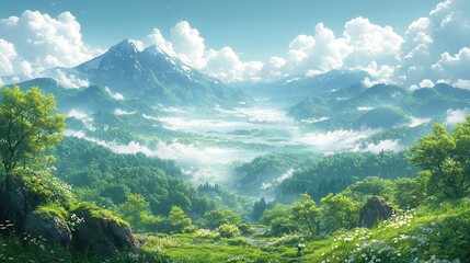 Fototapeta premium A peaceful anime sky features soft colors and a misty landscape, creating a serene and dreamlike atmosphere