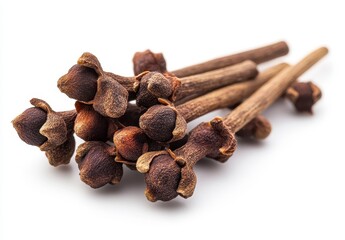 Fototapeta premium Close Up of Dried Brown Cloves on White Background