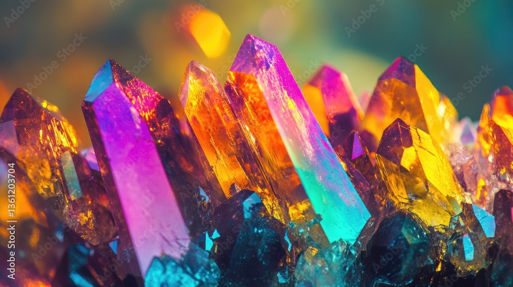Poster A collection of rainbow-colored, iridescent crystal shards reflecting light, creating a dazzling and colorful display