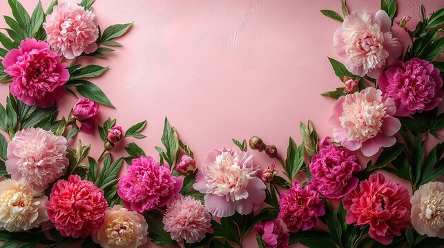 A peony flower frame on a soft pink background, a summer floral flat lay with vibrant peonies creating a frame