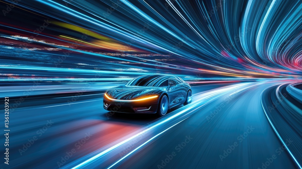 Poster a concept image of a futuristic car speeding on a highway, surrounded by digital motion trails and d