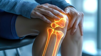 A person is holding their knee in pain, indicating discomfort or injury the image highlights the knee joint and surrounding area, emphasizing the skeletal structure