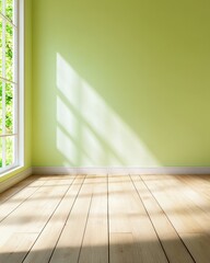 A bright, serene room with light green walls and wooden flooring, illuminated by sunlight filtering through a window.