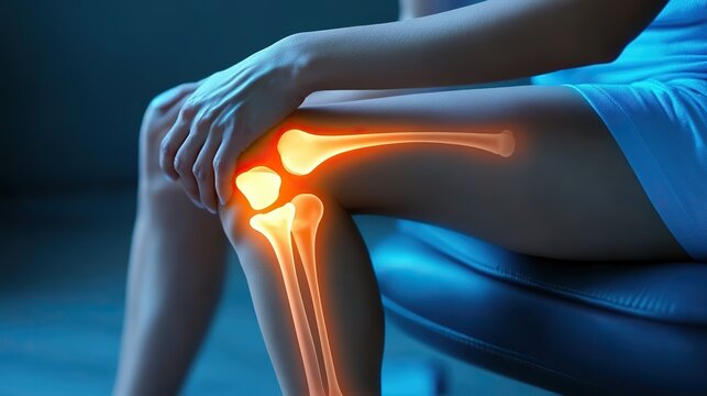 A person is holding their knee in pain, indicating discomfort or injury the image highlights the knee joint and surrounding area, emphasizing the skeletal structure