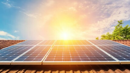 Solar panels on a roof capture sunlight, showcasing renewable energy technology against a bright sky.
