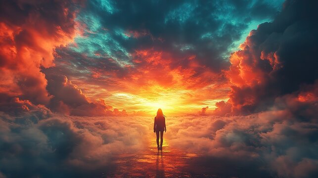 A person standing at a crossroads contemplating their future amidst vibrant skies and a serene landscape the scene evokes a sense of introspection and decision-making