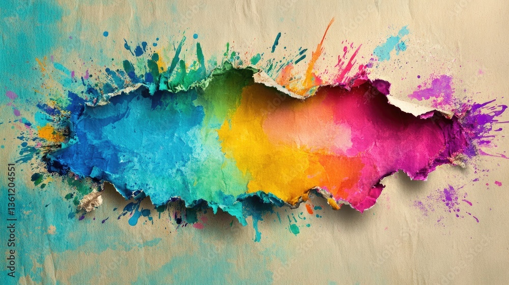 Poster A creative tear in paper, exposing an explosion of vibrant abstract paint colors, offering a dynamic and artistic backdrop for design and creative projects