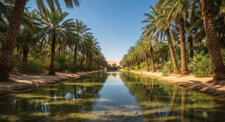 Obraz premium Serene Oasis Palm Trees Framing a Crystal Clear Canal in a Desert Landscape
