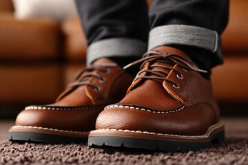 Stylish brown leather shoes on a person's feet in a cozy living room setting during a relaxed daytime moment