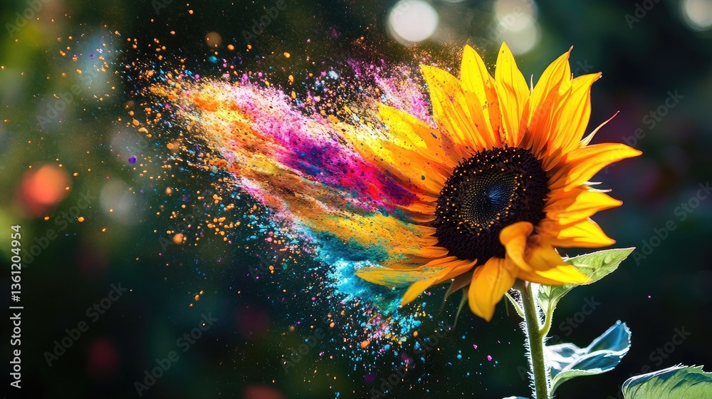 Aufkleber A dynamic moment of a sunflower exploding in a burst of colorful paint outdoors, capturing a blend of nature and creativity in action