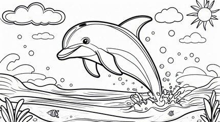 Fototapeta premium Happy Dolphin Jumping in the Ocean A fun and friendly black-and-white line drawing of a playful dolphin leaping out of the water, making a big splash.