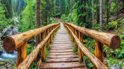 Fototapeta premium Wooden bridge pathway through lush green forest; tranquil nature scene, scenic hike.