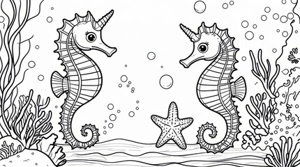 Fototapeta premium Magical Ocean Scene with Seahorses and Starfish A beautiful black-and-white ocean illustration featuring two adorable seahorses floating near coral and seaweed. 