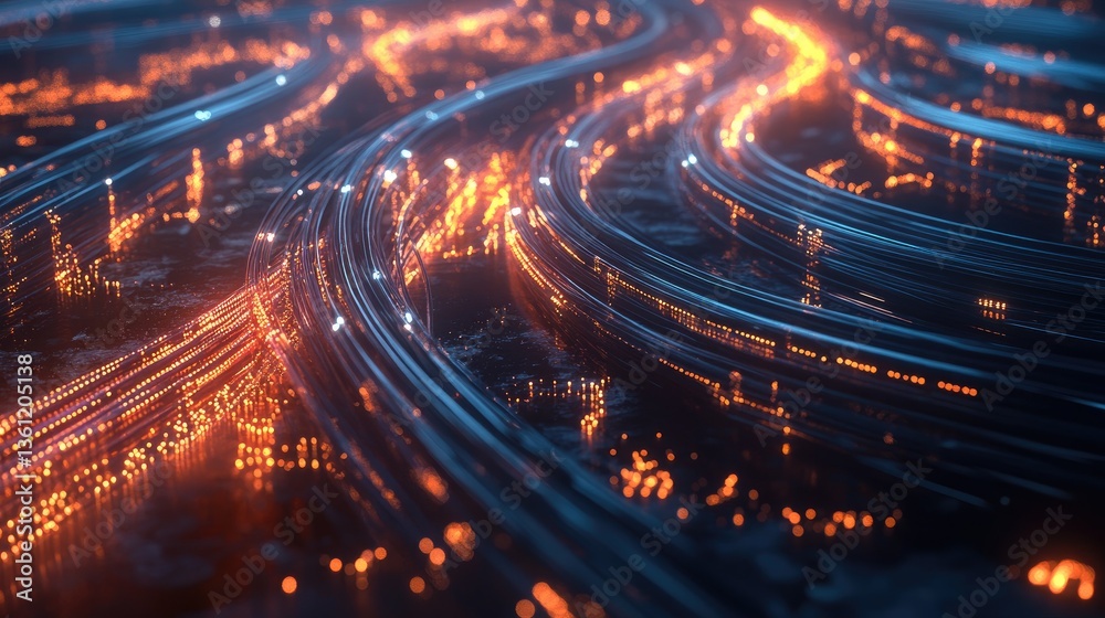 Poster a futuristic tech illustration of fiber optic cables connecting continents, glowing with data transf