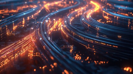 Obraz premium A futuristic tech illustration of fiber optic cables connecting continents, glowing with data transfer lines, showcasing a global network linking the world through technology