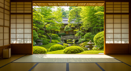 和室から眺める四季の日本庭園