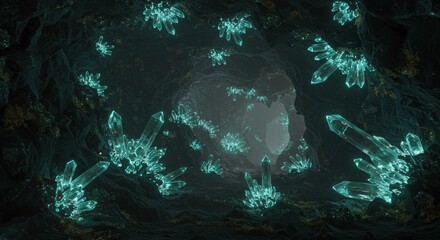 Glowing Crystals in Dark Cave Mystical Gemstone Tunnel Fantasy Background