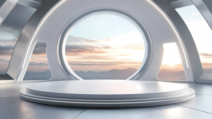 Naklejka premium Futuristic Platform with Panoramic Sunrise View